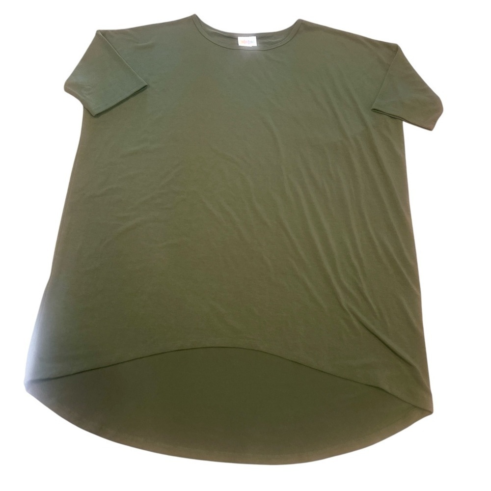 Lularoe Tunic Top Size Large Olive Green Short Sleeve Relaxed Fit High Low Hem